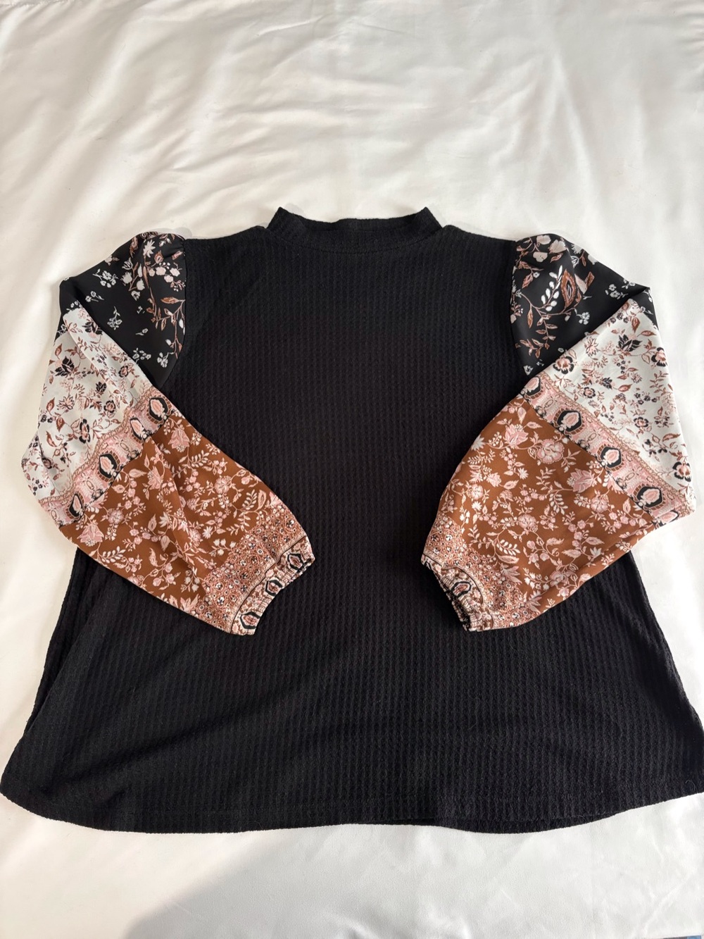 Maurices Black Knit Top with Mixed Floral Patchwork Balloon Sleeves